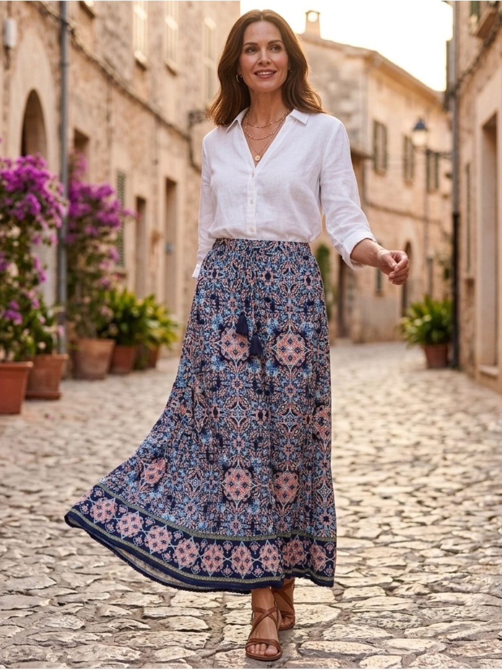 Navy and Pink Printed Maxi Skirt with Elastic Waist